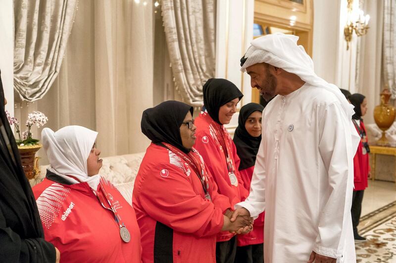 ABU DHABI, UNITED ARAB EMIRATES - April 09, 2018: HH Sheikh Mohamed bin Zayed Al Nahyan, Crown Prince of Abu Dhabi and Deputy Supreme Commander of the UAE Armed Forces (R), receives members of the UAE Special Olympics team, during a Sea Palace barza.

( Rashed Al Mansoori / Crown Prince Court - Abu Dhabi )
---