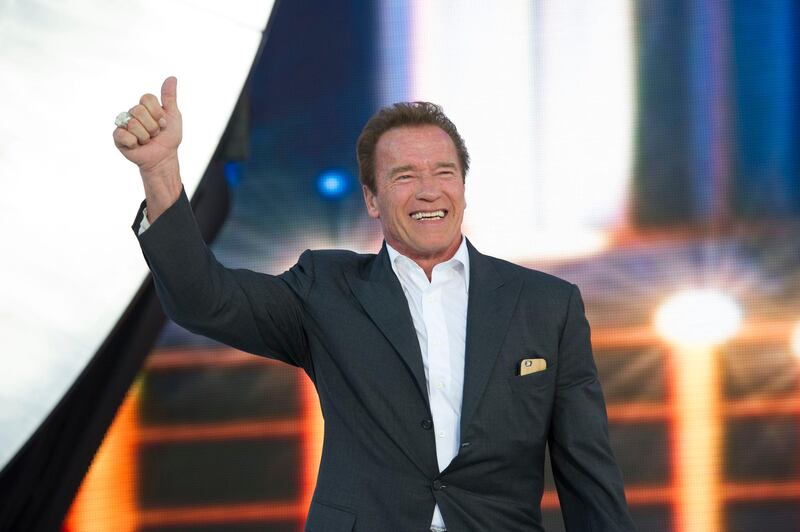Arnold Schwarzenegger at WrestleMania XXXI at Levi’s Satdium in Santa Clara, California on March 29, 2015. The 'Austrian Oak' was inducted into the WWE Hall of Fame the night before appearing as part of the Terminator Genisys-themed entrance by Triple H.