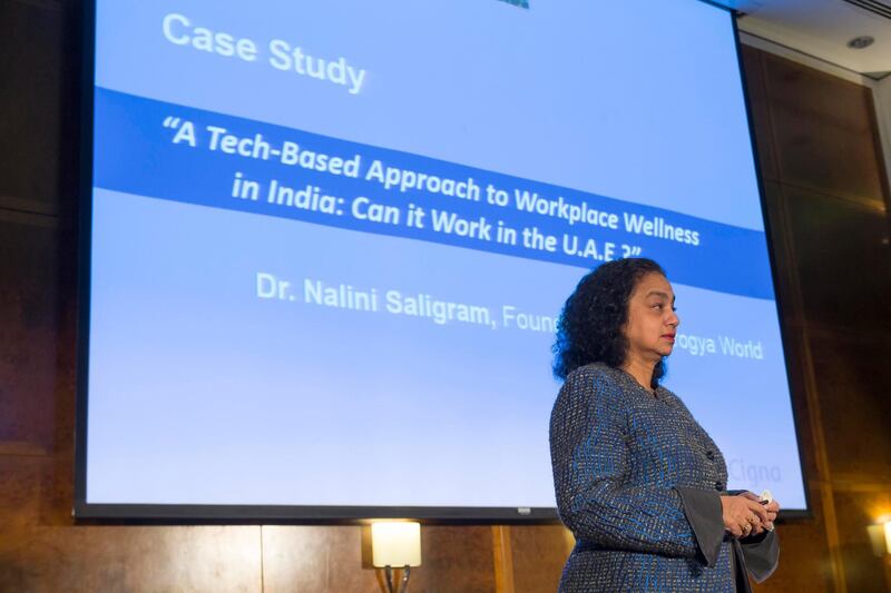 DUBAI, UNITED ARAB EMIRATES, 11 OCTOBER 2016. The Cigna Foundation held a half-day interactive session on the role of the workplace in enhancing personal well-being in the U.A.E. Speaker Dr Nalini Saligram, Founder of Arogya World. (Photo: Antonie Robertson/The National) ID: 68100. Journalist: Jessica Hill. Section: Business. *** Local Caption ***  AR_1011_Cigna_Foundation-05.JPG