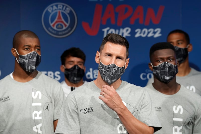 Paris Saint-Germain players including Lionel Messi, centre, attend a PSG reception event Tuesday, July 19, 2022, in Tokyo. AP Photo