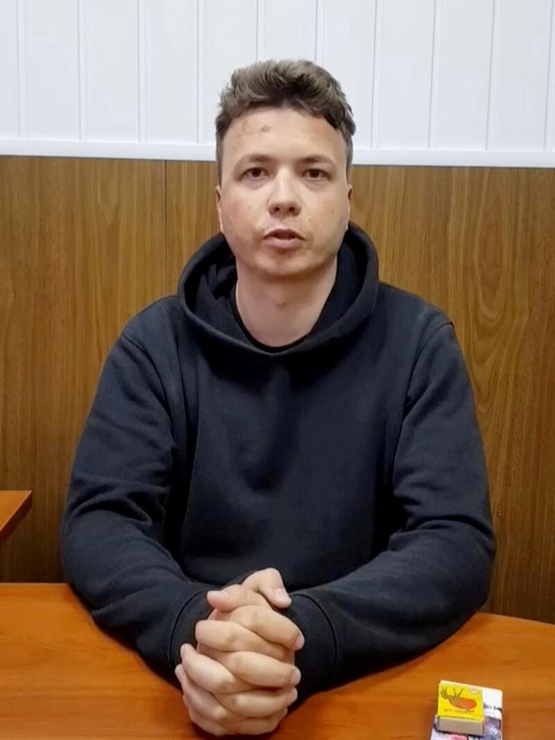 FILE PHOTO: Belarusian blogger Roman Protasevich, detained when a Ryanair plane was forced to land in Minsk, is seen in a pre-trial detention facility,in Minsk, Belarus May 24, 2021 in this still image taken from video. Telegram@Zheltyeslivy/Reuters TV/File Photo/File Photo