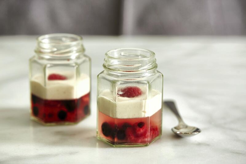Elderflower jelly with winter berries and raspberry ripple ice cream.