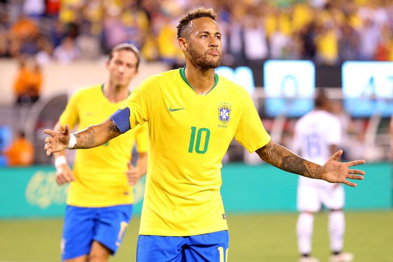Sep 7, 2018; East Rutherford, NJ, USA; Brazil forward Neymar (10) reacts after scoring a goal on a penalty kick against the United States during the first half of an international friendly soccer match at MetLife Stadium. Mandatory Credit: Brad Penner-USA TODAY Sports