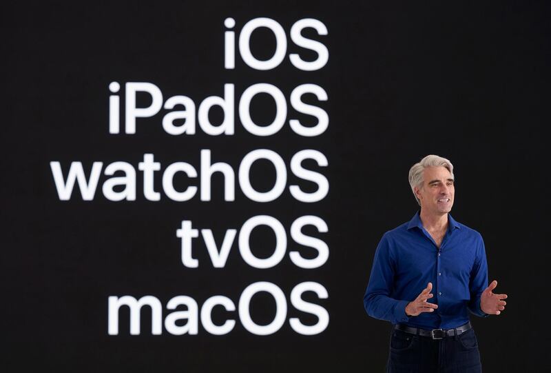 In this photo provided by Apple Inc., senior vice president of Software Engineering Craig Federighi speaks during the 2020 Apple Worldwide Developers Conference, in Cupertino, Calif.  AP