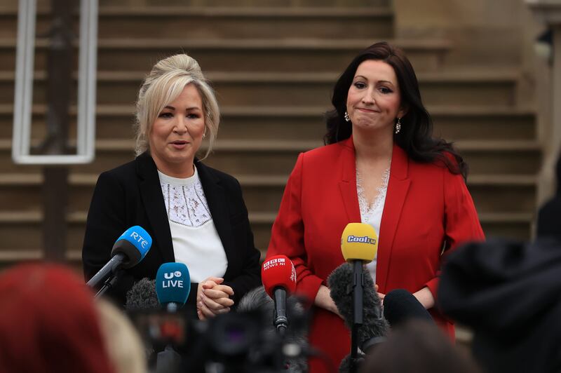 Northern Ireland's First Minister Michelle O'Neill, left, and Deputy First Minister Emma Little-Pengelly talk to the media at Stormont Castle, Belfast, following the restoration of the region's power-sharing executive. PA Wire