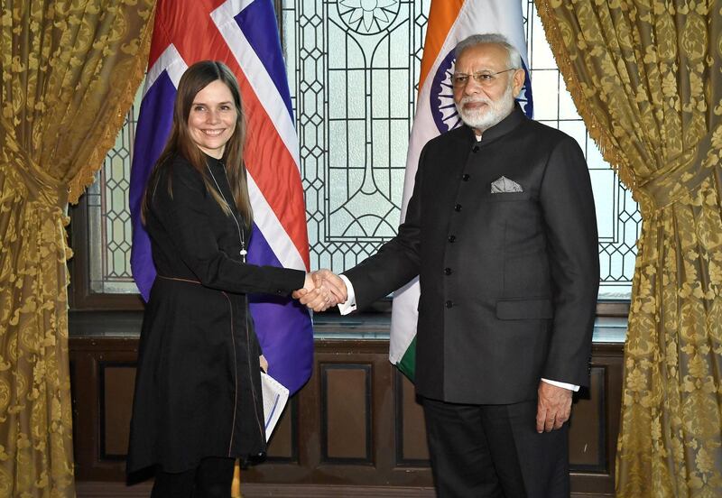 epa06675091 Iceland's Prime Minister Katrin Jakobsdottir (L) with India's Prime Minister Narendra Modi (R) during bilateral meeting at a Nordic-Indian summit in Stockholm, Sweden, 17 April 2018. Modi is on a five-day visit to Sweden and the UK.  EPA/Claudio Bresciani  SWEDEN OUT