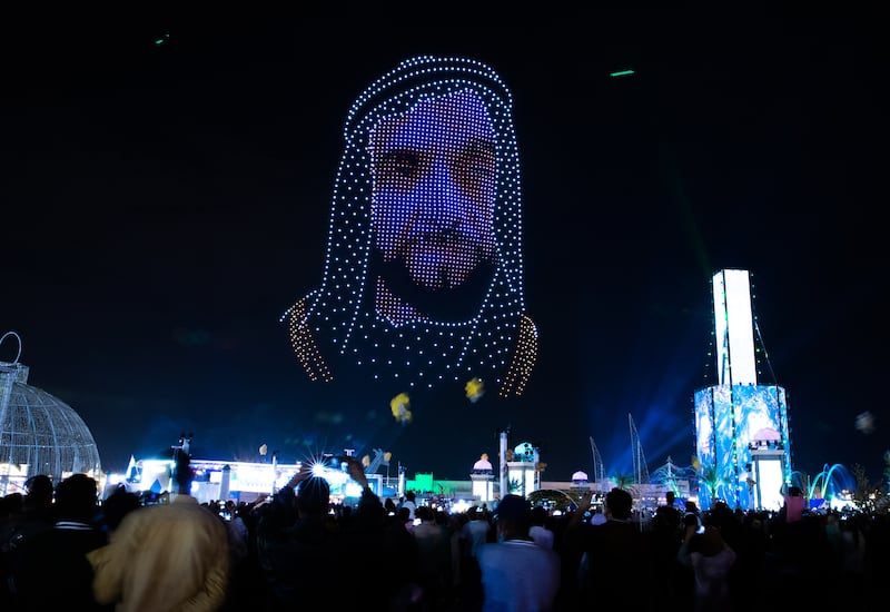 A drone display shows Sheikh Zayed, the Founding Father, at Sheikh Zayed Heritage Festival in Al Wathba, Abu Dhabi. Victor Besa / The National