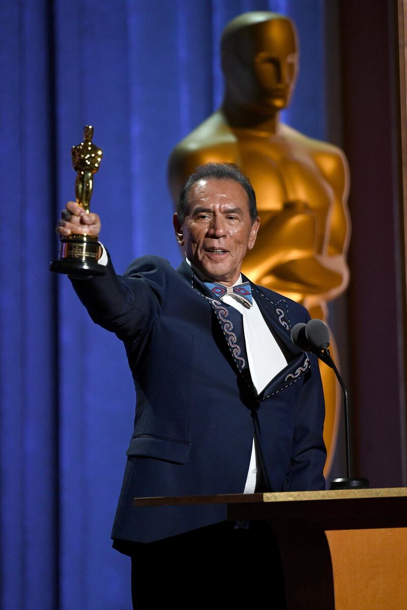 HOLLYWOOD, CALIFORNIA - OCTOBER 27: Wes Studi speaks onstage during the Academy Of Motion Picture Arts And Sciences' 11th Annual Governors Awards at The Ray Dolby Ballroom at Hollywood & Highland Center on October 27, 2019 in Hollywood, California.   Kevin Winter/Getty Images/AFP
== FOR NEWSPAPERS, INTERNET, TELCOS & TELEVISION USE ONLY ==
