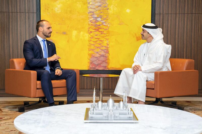 Sheikh Abdullah bin Zayed, Minister of Foreign Affairs and International Cooperation, meets Eduardo Bolsonaro, member of the Brazilian Chamber of Deputies, who is currently visiting the UAE. Wam