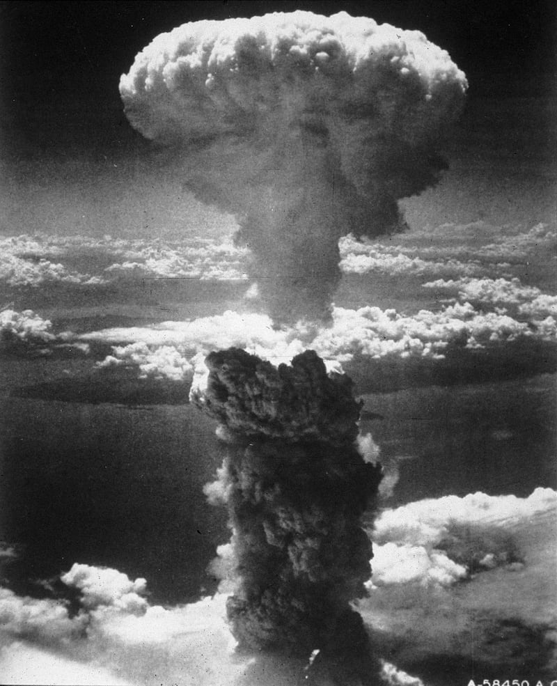 A mushroom cloud rising into the air after the atom bomb was dropped on Nagasaki at the end of World War II.   (Photo by Keystone, MPI/Getty Images)