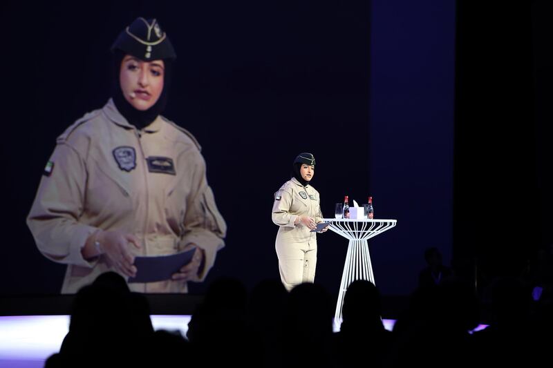 DUBAI, UNITED ARAB EMIRATES , Feb 17  – 2020 :- CAPT. SHEIKHA MOZAH BINT MARWAN AL MAKTOUM, Lieutenant Pilot, Dubai Police – UAE speaking at the Global Women’s Forum Dubai held at Madinat Jumeirah in Dubai. (Pawan  Singh / The National) For News. Story by Shuchita 