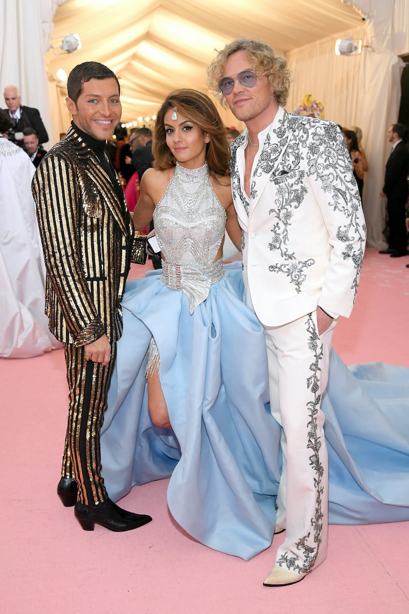 Evangelo Bousis, Natasha Poonawalla and Peter Dundas at the 2019 Met Gala Celebrating Camp: Notes on Fashion at Metropolitan Museum of Art on May 6, 2019 in New York City. AFP