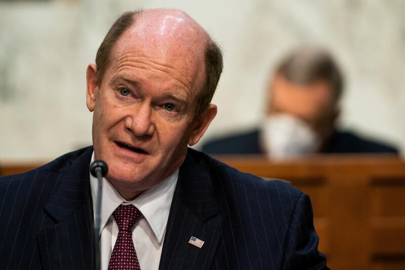 FILE PHOTO: Senator Chris Coons (D-DE) during Attorney General nominee Merrick Garland's confirmation hearing before the Senate Judiciary Committee, Washington, DC U.S., February 22, 2021.  Demetrius Freeman/Pool via REUTERS/File Photo