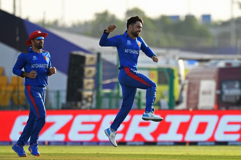 Afghanistan's Rashid Khan celebrates after taking the wicket of New Zealand's Martin Guptill during the recent T20 World Cup match in Abu Dhabi. AFP