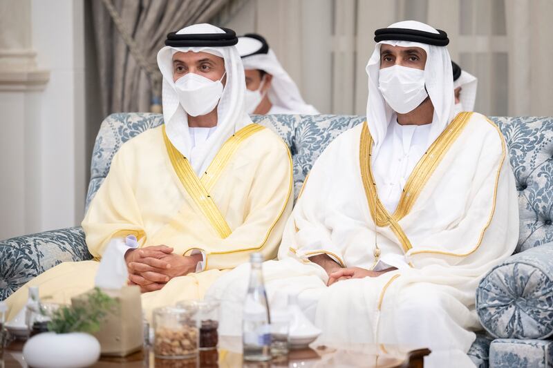 Sheikh Hazza bin Zayed, Deputy Chairman of the Abu Dhabi Executive Council, left, and Sheikh Saeed bin Zayed, attend the event. Photo: Rashed Al Mansoori / Ministry of Presidential Affairs 