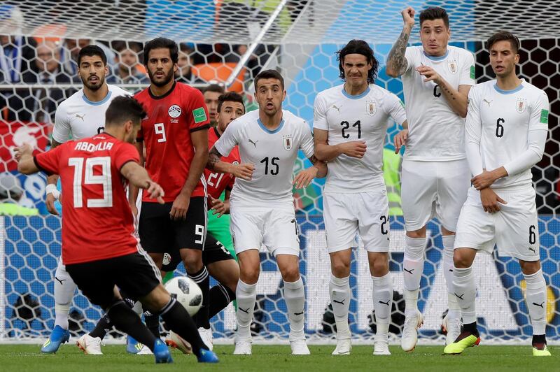 Egypt's Abdalla Said takes a free kick during the group A match between Egypt and Uruguay at the 2018 soccer World Cup in the Yekaterinburg Arena in Yekaterinburg, Russia, Friday, June 15, 2018. Mark Baker / AP Photo
