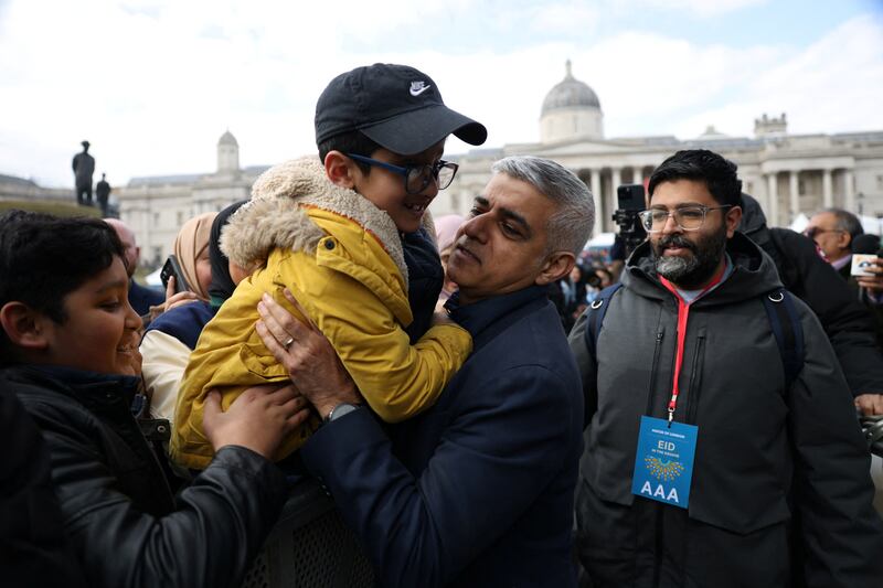 Mr Khan during 'Eid in the Square' celebrations in Trafalgar Square, central London. Reuters