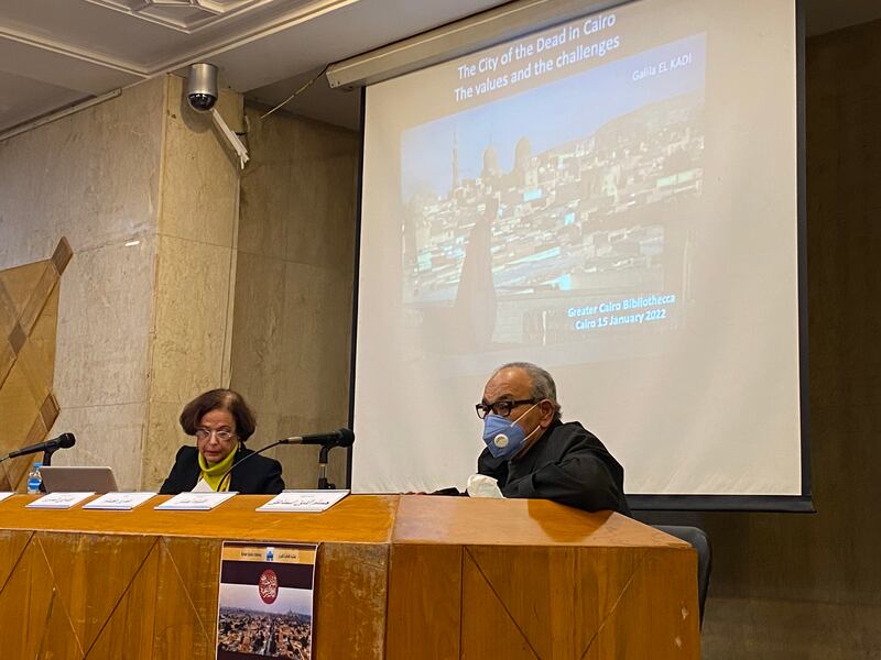 Architect Galila El Kadi and Islamic antiquities professor Hossam Ismail were among the speakers at an event at the Greater Cairo Public Library on Saturday. Nada El Sawy / The National