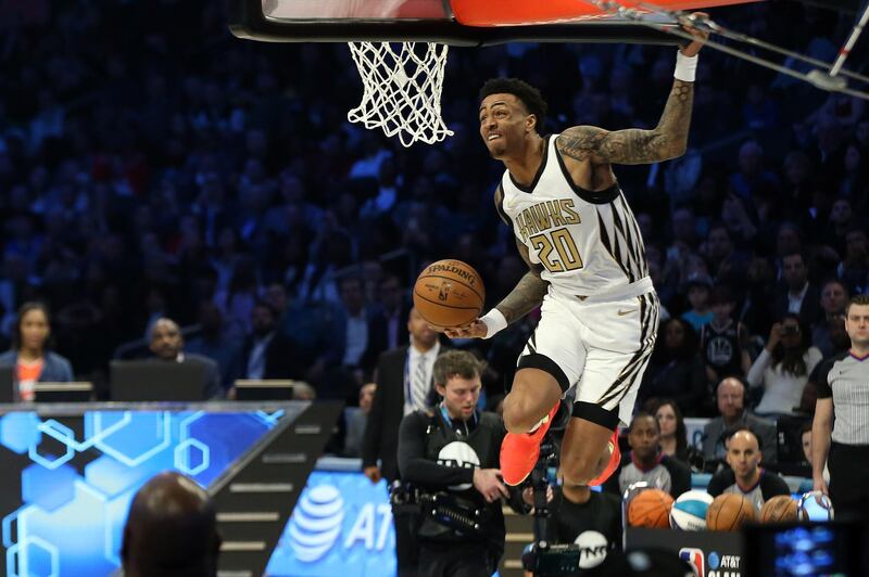 Atlanta Hawks forward John Collins in the Slam Dunk Contest during the NBA All-Star Saturday Night at Spectrum Center. Bob Donnan/USA TODAY Sports