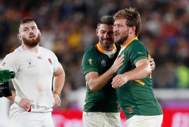 South Africa's Frans Steyn and Willie le Roux celebrate after winning the World Cup. Reuters