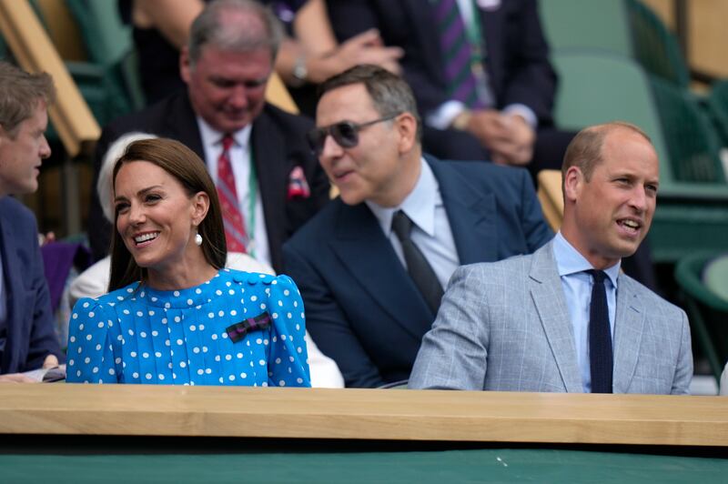 Prince William and Kate, Duchess of Cambridge sit in the Royal box on Centre Court for the quarterfinal match between Novak Djokovic and Jannik Sinner. AP