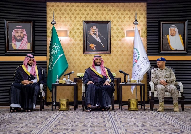 Saudi Arabia's newly designated Prime Minister, Prince Mohammed bin Salman speaks during his meeting with newly appointed Defence Minister, Prince Khalid bin Salman Al Saud and defence officials in the Ministry of Defence in Jeddah, Saudi Arabia. SPA