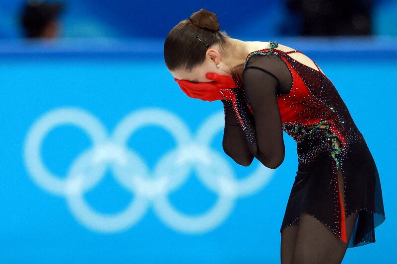 Kamila Valieva breaks down after her performance during the Beijing Winter Olympics figure skating competition at the Capital Indoor Stadium,on February 17, 2022. Reuters