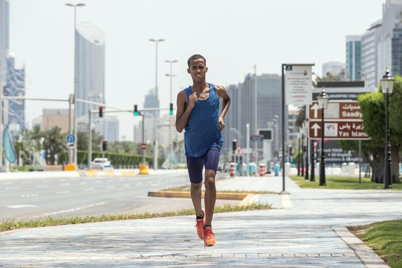 ABU DHABI, UNITED ARAB EMIRATES. 02 MAY 2020. UAE-born Somali distance runner Abdulsalam Farah. He was to represent the UAE University at the World University Games in Morocco but that event unfortunately got postponed due to the current Covid-19 pandemic. (Photo: Antonie Robertson/The National) Journalist: Amith Passela. Section: Sport.