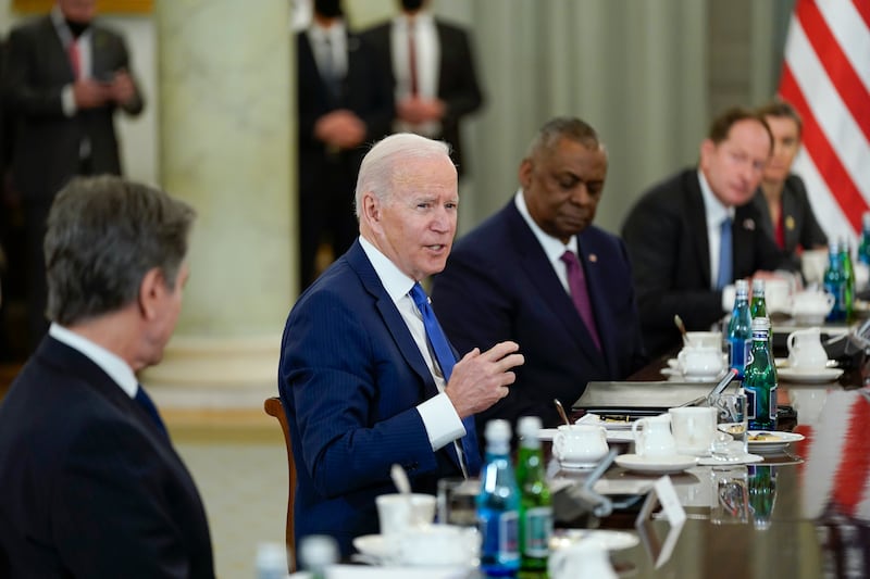 The US president speaks with Polish President Andrzej Duda at the Presidential Palace in Warsaw.  AP