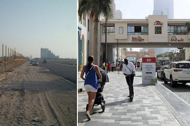 Left: The Walk in 2002, and right The Walk in JBR, Dubai, in 2021. Pete Egington and Chris Whiteoak / The National