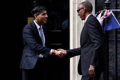 Rishi Sunak meets Rwandan President Paul Kagame at Downing Street in London, on May 4. Reuters