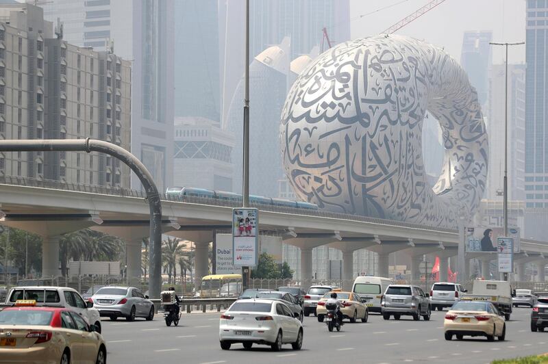 Dubai, United Arab Emirates - Reporter: N/A. Weather. Lots of cars passed The Museum of The Future on a hazy day in Downtown. Monday, August 17th, 2020. Dubai. Chris Whiteoak / The National