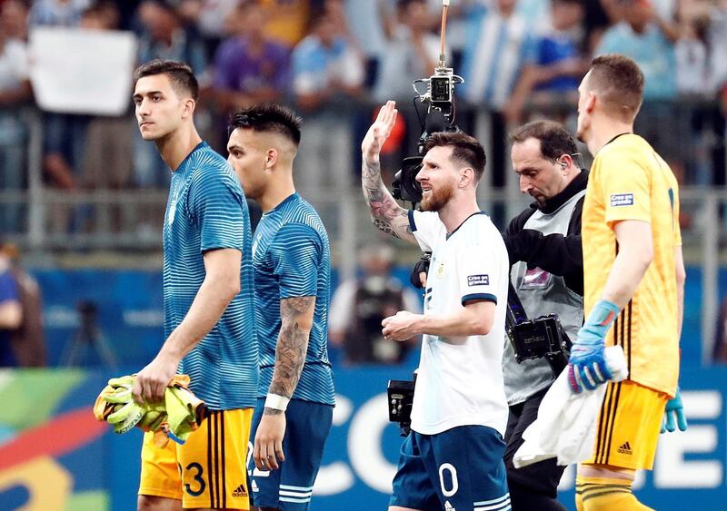 Argentina's Lionel Messi applauds fans after the 2-0 victory over Qatar to seal second spot in Group B at the 2019 Copa America and a quarter-final against Venezuela on Friday. EPA