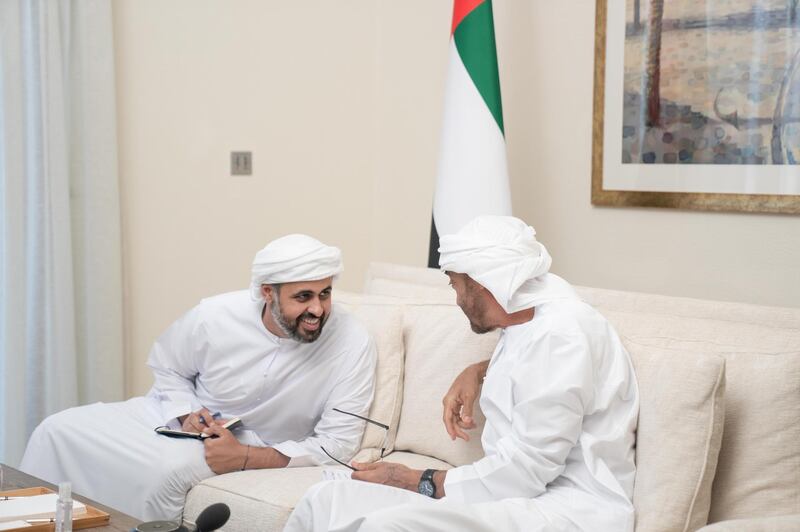 ABU DHABI, UNITED ARAB EMIRATES - May 03, 2020: HH Sheikh Mohamed bin Zayed Al Nahyan, Crown Prince of Abu Dhabi and Deputy Supreme Commander of the UAE Armed Forces (R), participates in an online lecture by HE Mariam Mohamed Saeed Hareb Al Mehairi, UAE Minister of State for Food Security, titled “ Nourishing the Nation: Food Security in the UAE ”. The lecture was broadcast on Al Emarat Channel as part of the Ramadan lecture series of Majlis Mohamed bin Zayed. Seen with HH Sheikh Theyab bin Mohamed bin Zayed Al Nahyan, Abu Dhabi Executive Council member and Chairman of the Abu Dhabi Crown Prince Court (CPC) (L).

( Rashed Al Mansoori / Ministry of Presidential Affairs )
---