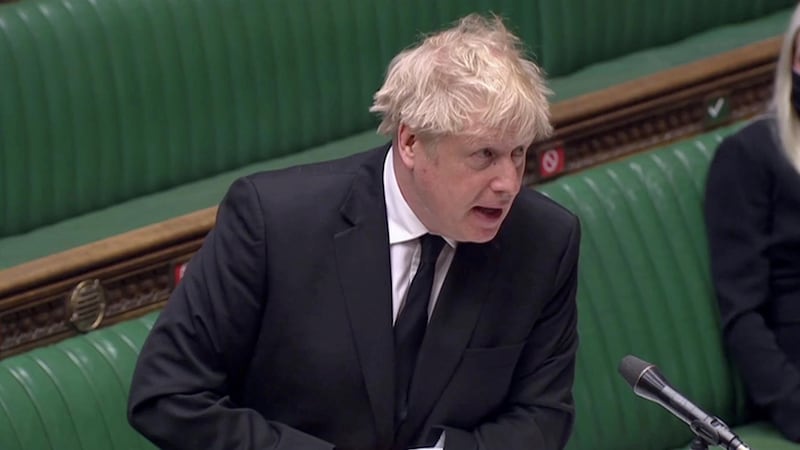 Britain's Prime Minister Boris Johnson speaks during the weekly question time debate in Parliament, amid the coronavirus disease (COVID-19) pandemic, in London, Britain, April 14, 2021, in this screen grab taken from video. Reuters TV via REUTERS