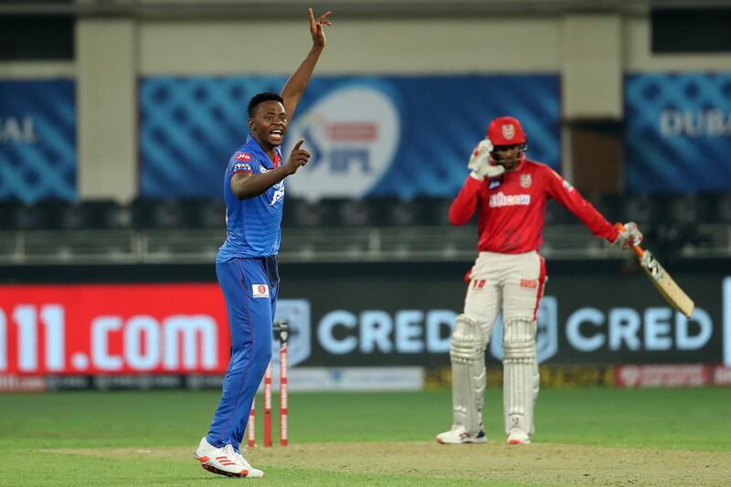 Kagiso Rabada of Delhi Capitals appeals for  the wicket of Gowtham Krishnappa  of Kings XI Punjab during match 2 of season 13 of Dream 11 Indian Premier League (IPL) between Delhi Capitals and Kings XI Punjab held at the Dubai International Cricket Stadium, Dubai in the United Arab Emirates on the 20th September 2020.  Photo by: Ron Gaunt  / Sportzpics for BCCI