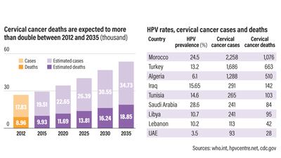 The number of women dying from cervical cancer, caused by undetected HPV, is expected to double in the Middle East and North Africa in the next 15 years. Ramon Penas / The National