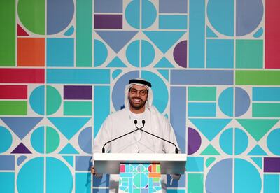 Abu Dhabi, United Arab Emirates - April 08, 2019: HE Mohamed Khalifa al Mubarak, Chairman, Department of Culture and Tourism makes his opening remarks at the Culture Summit 2019. Manarat Al Saadiyat, Abu Dhabi. Chris Whiteoak / The National