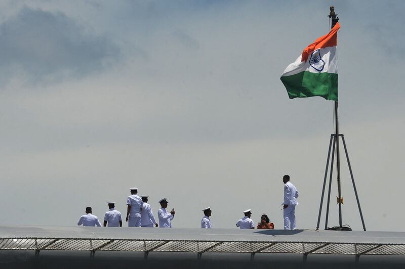 Navy officers on the deck of the 'INS Vikrant'. 