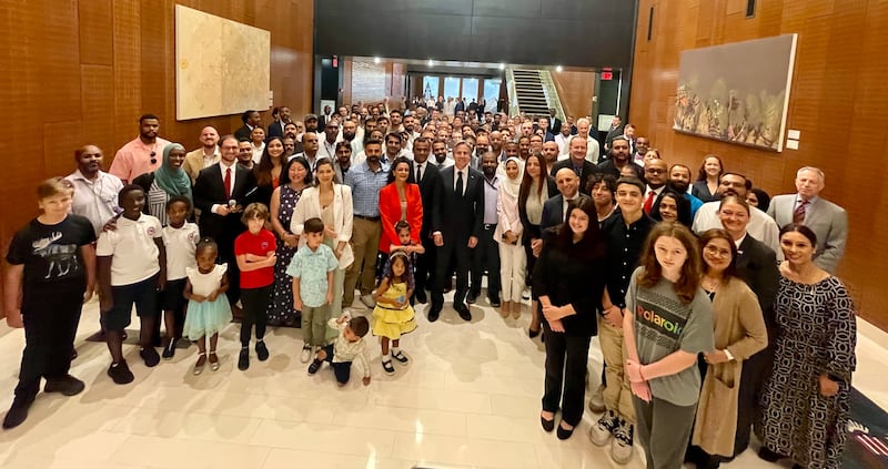 Mr Blinken participates in a Sudan evacuation thank-you event with diplomatic staff in Jeddah. Photo: US State Department