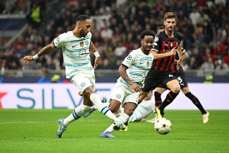 Pierre-Emerick Aubameyang scores Chelsea's second goal in their Champions League victory over AC Milan at the San Siro on October 11, 2022. Reuters