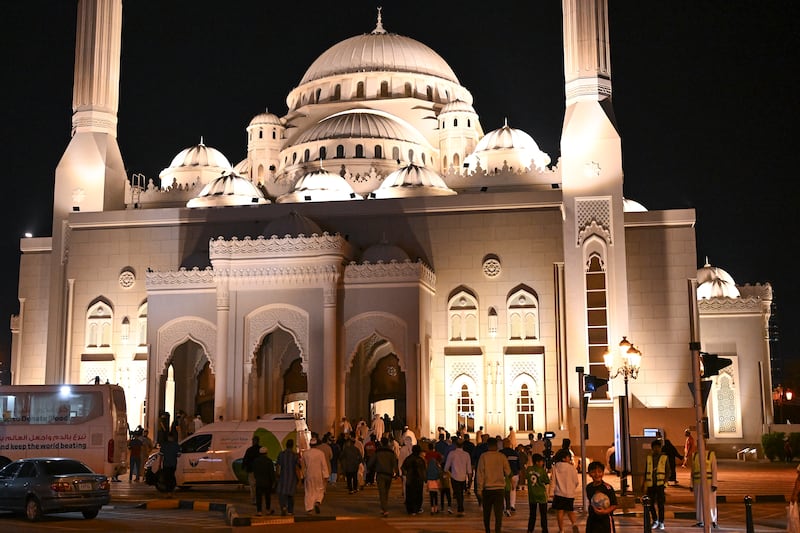 Worshippers gather at Al Noor Mosque in Sharjah to perform taraweeh prayers. All pictures by Ahmed Ramzan for The National