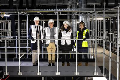Culture Secretary Michelle Donelan, second right, with, from left to right, Chris Bird from Prime Video, Paul Golding from Pinewood Group and Anna Mallett from Netflix, as she toured Shepperton Studios.