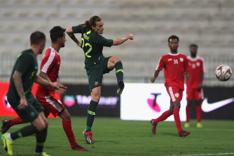 Jackson Irvine of Australia scores the fifth goal during the international friendly match against Oman at Maktoum Bin Rashid Al Maktoum Stadium in Dubai on Sunday. Australia won the match 5-0 as part of their 2019 Asian Cup preparations. The tournament is being held in the UAE from January 5-February 1. Getty Images