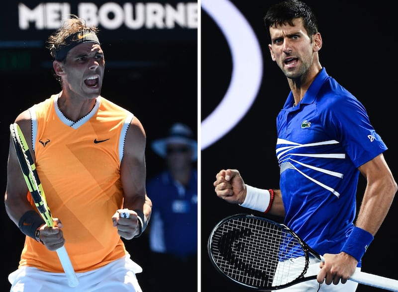 (COMBO) This combination photo created on January 25, 2019 shows Spain's Rafael Nadal celebrating his victory against Australia's James Duckworth at the Australian Open tennis tournament in Melbourne on January 14, 2019 (L) and Serbia's Novak Djokovic reacting after a point against France's Lucas Pouille at the Australian Open tennis tournament in Melbourne on January 25, 2019. Rafael Nadal will play Novak Djokovic in the men's singles final at the Australian Open tennis tournament on January 27, 2019. / AFP / Jewel SAMAD
