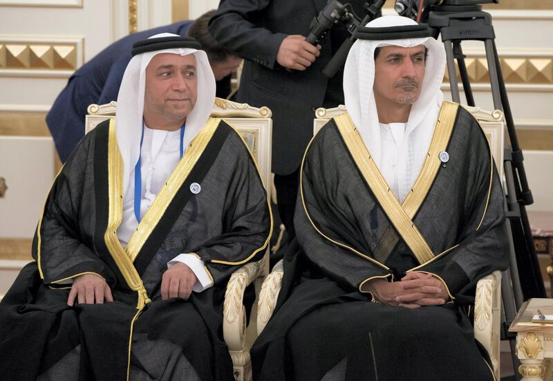 ABU DHABI, UNITED ARAB EMIRATES - July 04, 2018: HE Sultan bin Saeed Al Badi, UAE Minister of Justice (L) and HE Ali Mohamed Hammad Al Shamsi, Deputy Secretary-General of the UAE Supreme National Security Council (R) attend a reception hosted by HE Nursultan Nazarbayev, President of Kazakhstan (not shown), at Ak Orda Presidential Palace.

( Hamad Al Kaabi / Crown Prince Court - Abu Dhabi )
—