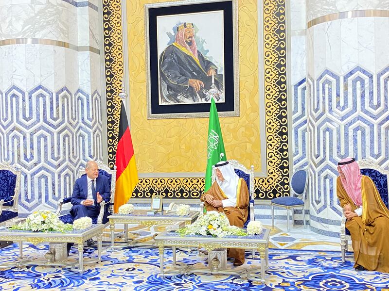 Prince Khalid bin Faisal, Governor of Makkah Province, receives German Chancellor Olaf Scholz in Jeddah, Saudi Arabia. Reuters