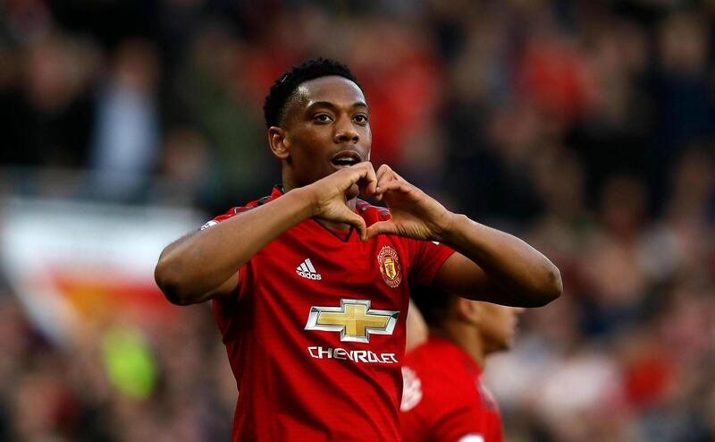 Anthony Martial makes a gesture after scoring at Old Trafford. PA via AP