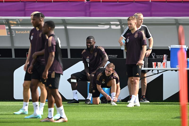 Germany's defender Antonio Rudiger trains with his teammates. AFP