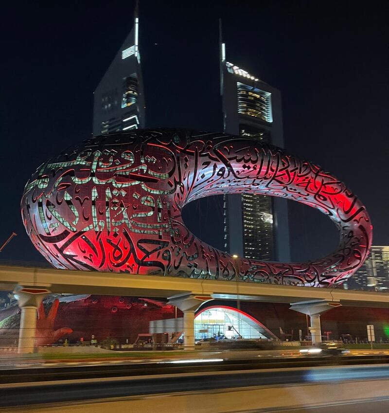 Dubai's Museum of Future lit up in red in support of Hope probe's arrival to Mars on February 9. The National